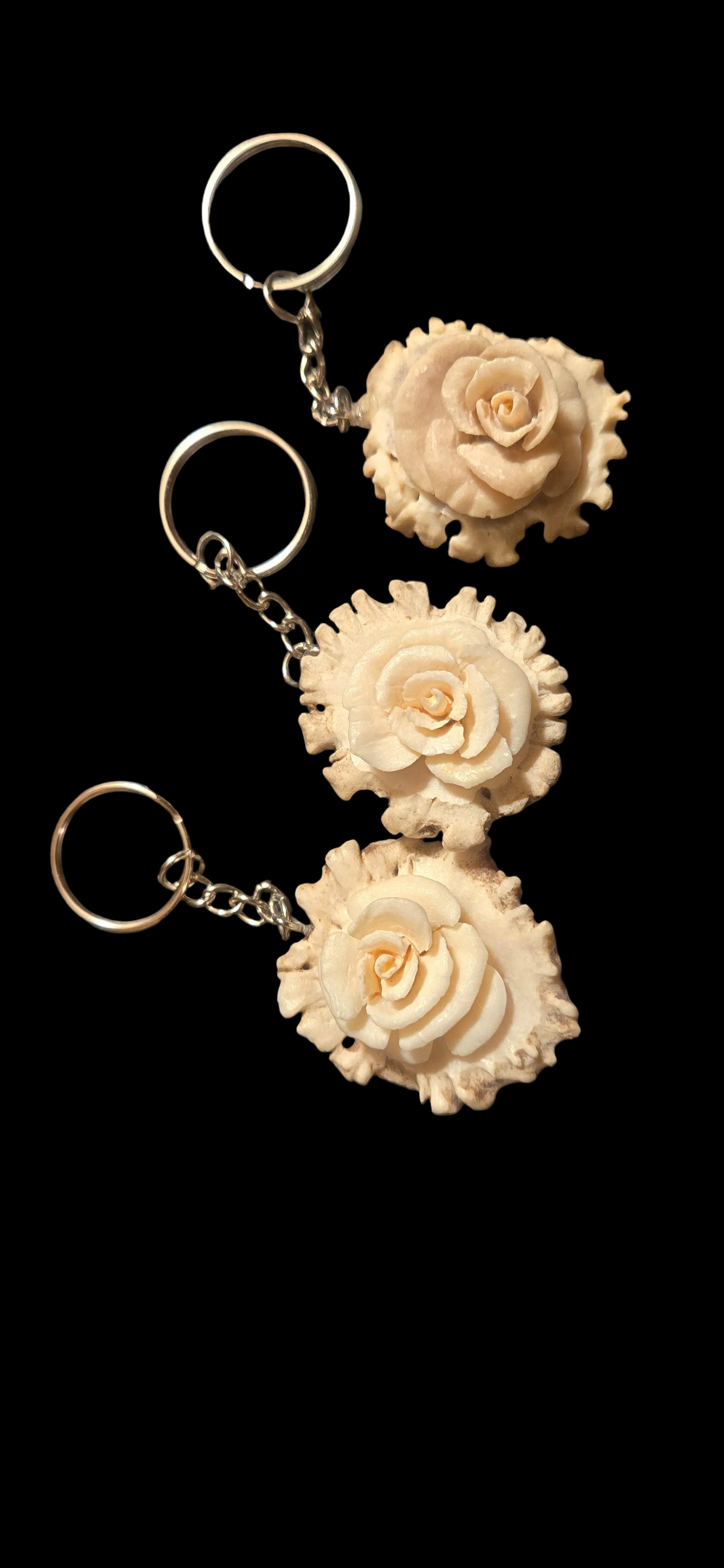 Hand carved deer antler rose keychain